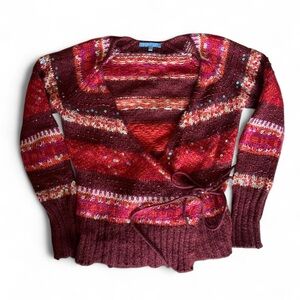 Y2K Burgundy and pink striped sequin knit wrap sweater